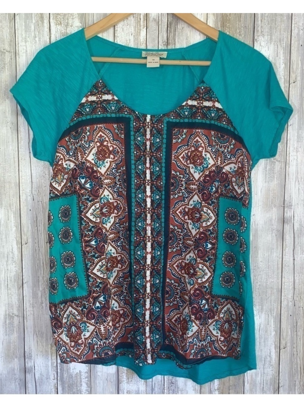 Lucky Brand Teal Boho Mixed Media Paisley Print Top Medium Cotton Viscose - Picture 1 of 6